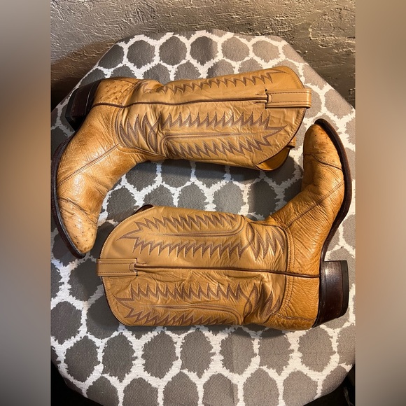 Tony Lama Men's Tan Brown Leather Full Quill Ostrich Cowboy Boots